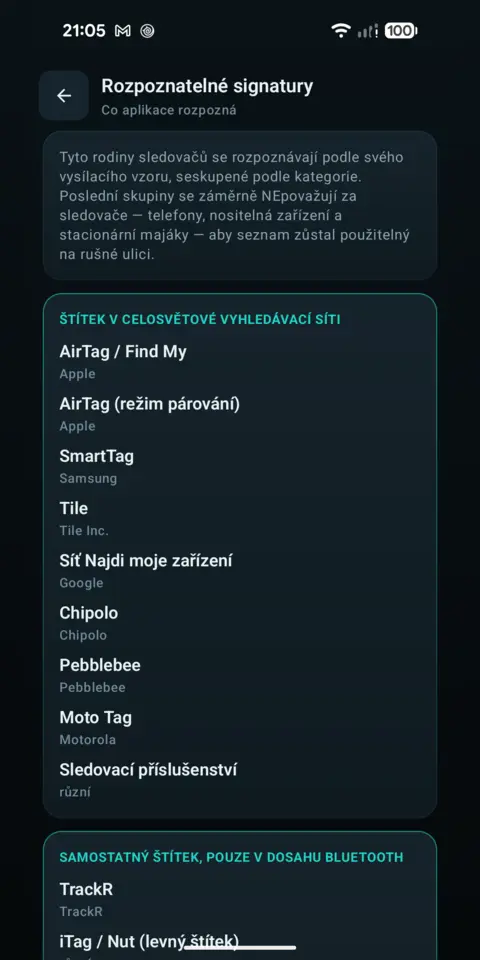 Rozpoznatelné signatury — trackersAnywhere