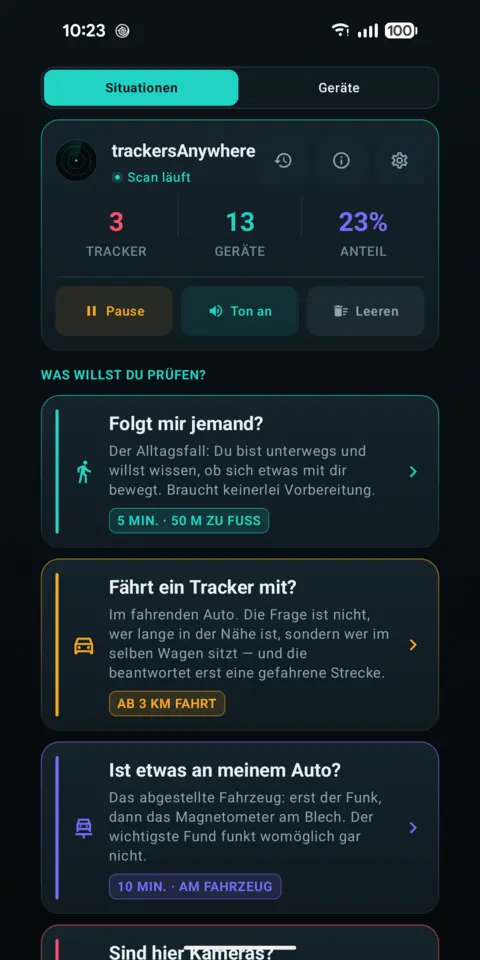 Einfachansicht mit sechs Fragen: Folgt mir jemand, fährt ein Tracker mit, ist etwas an meinem Auto, sind hier Kameras