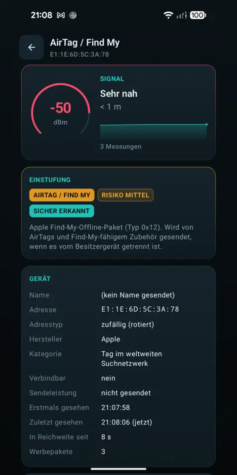 Detailansicht eines Trackers mit Signalverlauf über die Zeit und Einstufung
