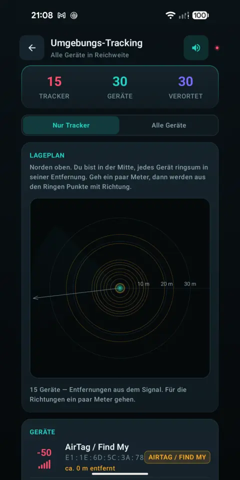 Lageplan mit Entfernungsringen und eingezeichneten Geräten