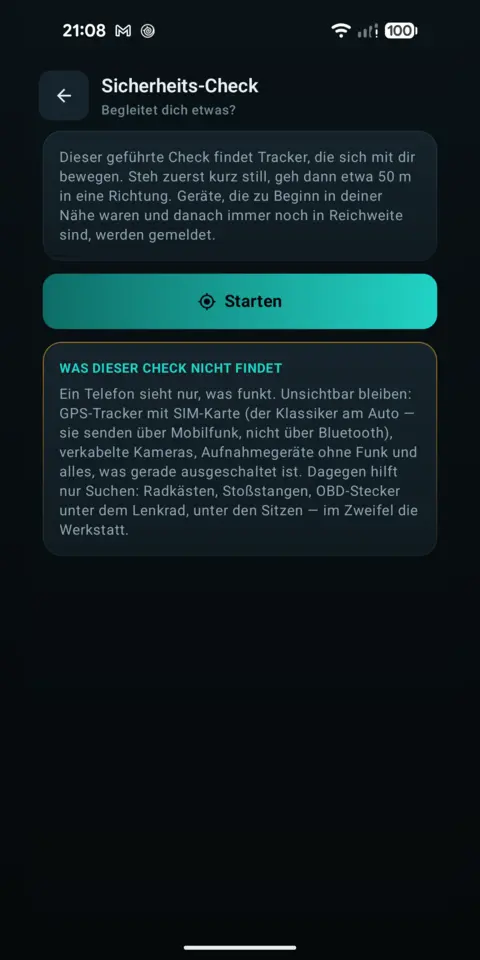 Geführter Sicherheits-Check mit den drei Schritten und dem Hinweis, was er nicht findet