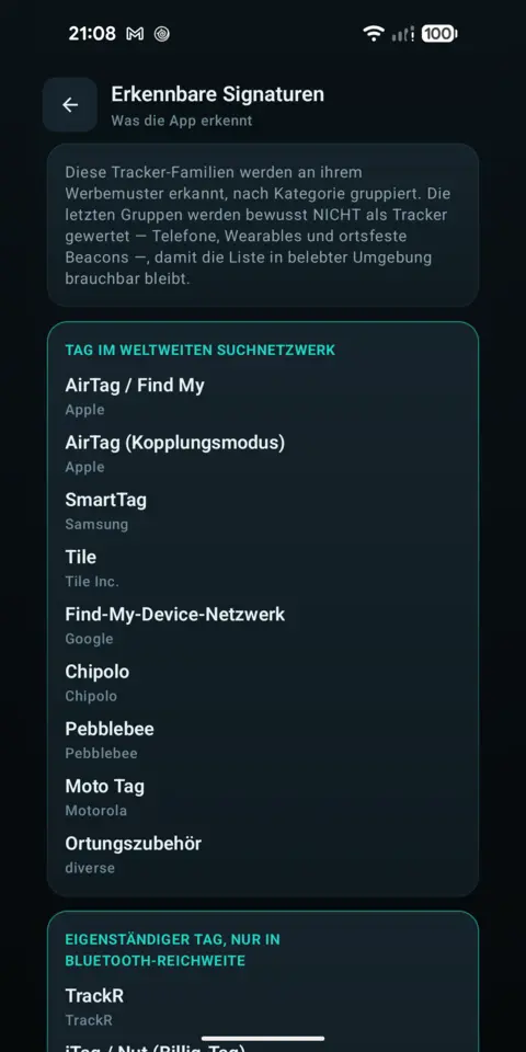 Übersicht der erkennbaren Tracker-Familien und ihrer Signaturen