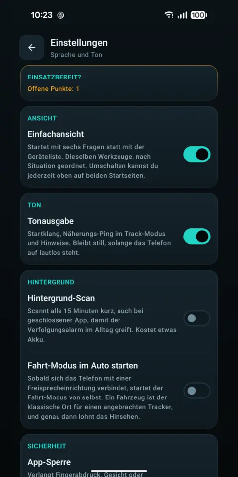 Einstellungen mit dauerhafter Wache und biometrischer App-Sperre