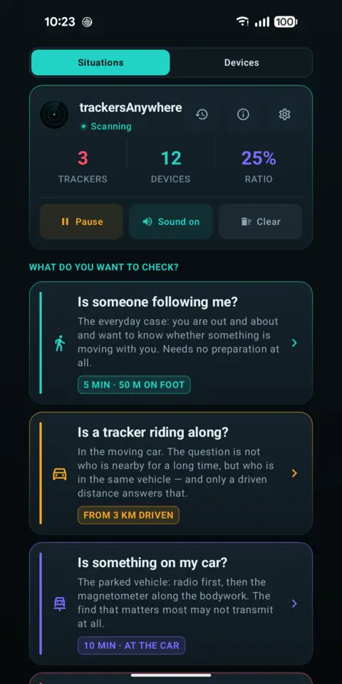 Situations view with six questions: is someone following me, is a tracker riding along, is something on my car, are there cameras in this room