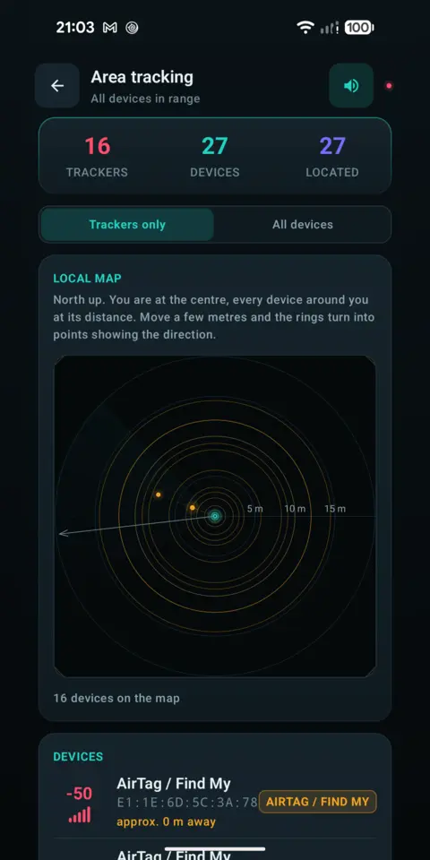 Plan view with distance rings and the detected devices placed on it
