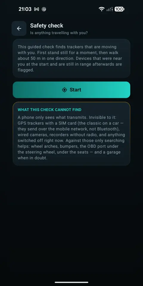 Guided safety check with its three steps and a note on what it cannot find