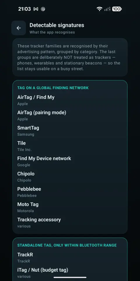 Overview of the tracker families the app can recognise and their signatures
