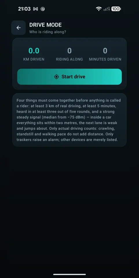 Drive mode listing the devices that stayed along for several kilometres