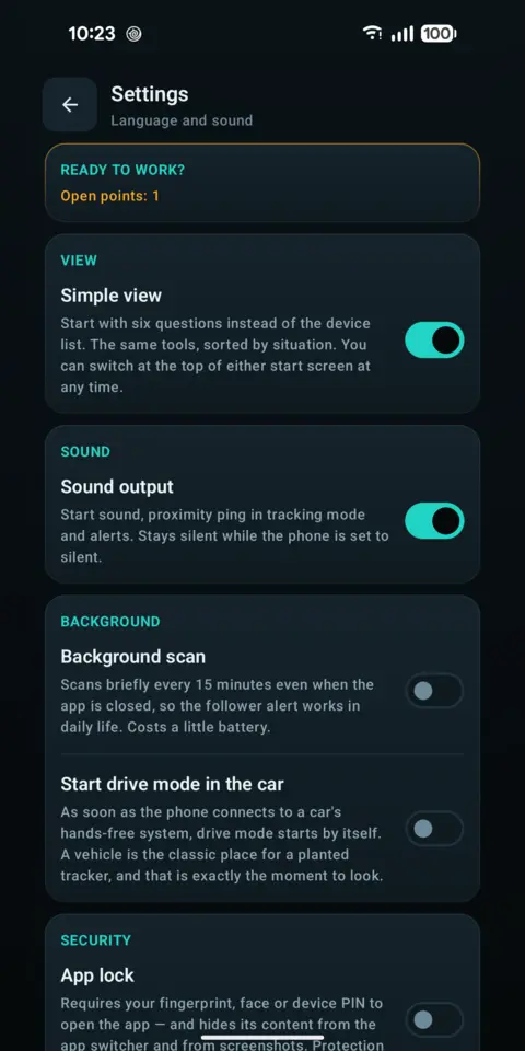 Settings with the standing guard and the biometric app lock