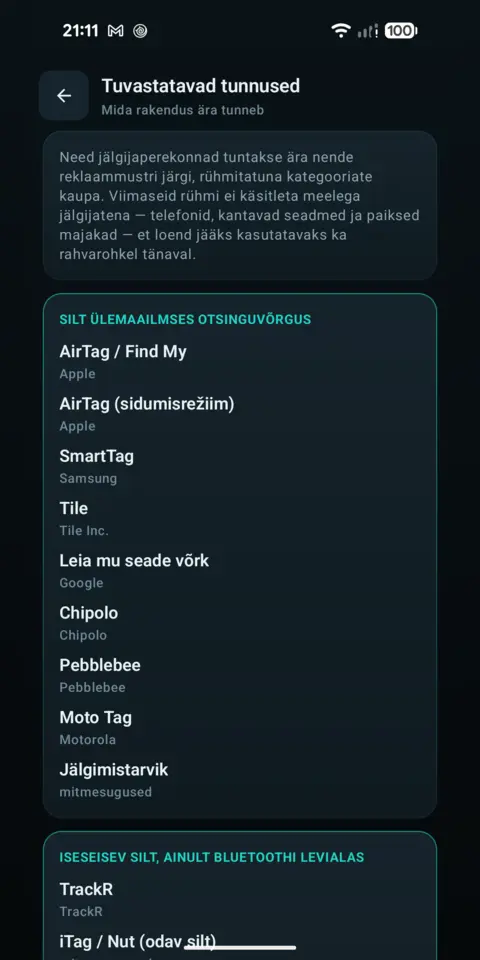 Tuvastatavad tunnused — trackersAnywhere