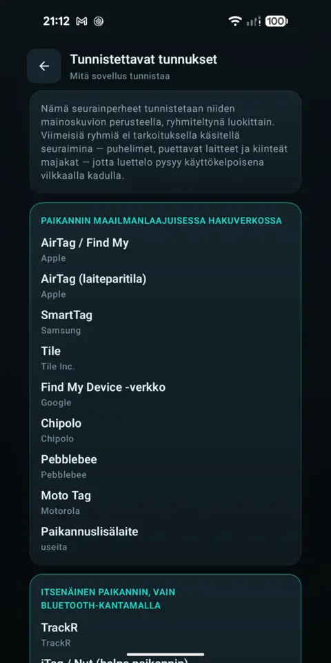Tunnistettavat tunnukset — trackersAnywhere