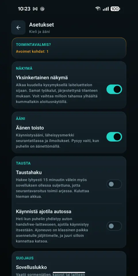 Asetukset — trackersAnywhere