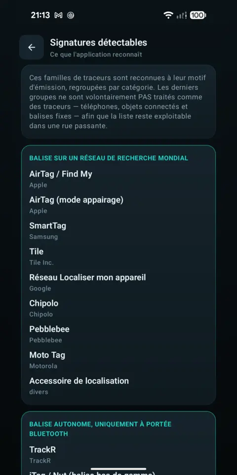 Signatures détectables — trackersAnywhere