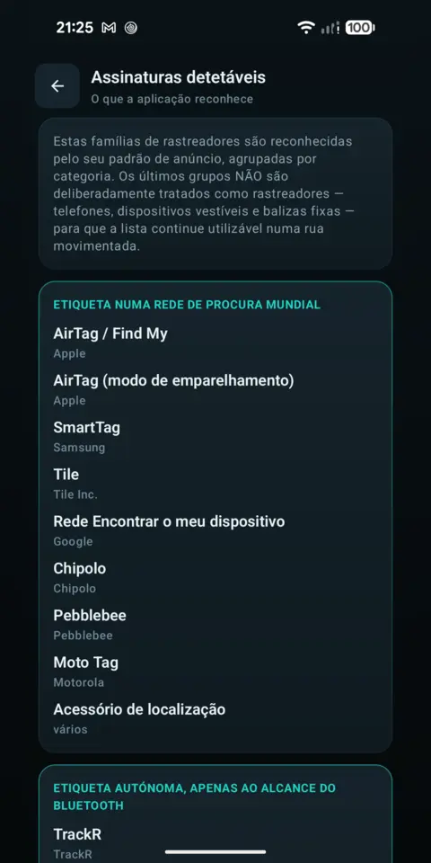 Assinaturas detetáveis — trackersAnywhere