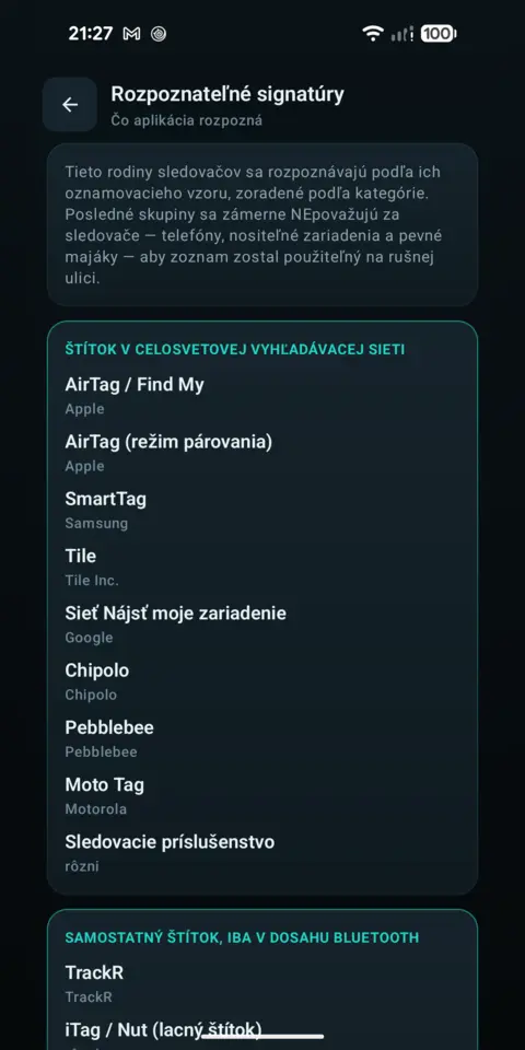 Rozpoznateľné signatúry — trackersAnywhere