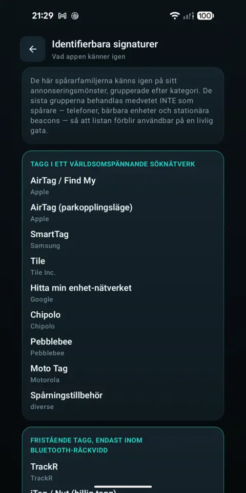 Identifierbara signaturer — trackersAnywhere