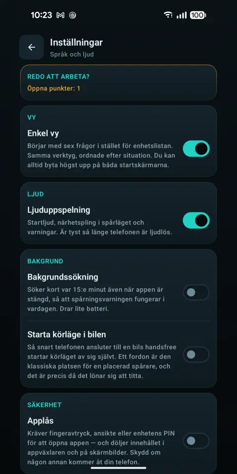 Inställningar — trackersAnywhere